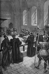 Poissy kollokviuma (1561). Theodore de Beze (1519-1605) svájci református (középen, hátul), a protestáns delegáció vezetőjének beszéde.