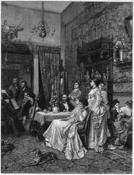 Amatőrök koncertje egy művészműteremben. Adrien Moreau (1843-1906) festményének reprodukciója, amelyet a Salon de 1873-ban mutattak be.