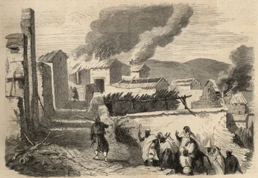 Algéria meghódítása: expedíció Nagy-Kabíliába 1857-ben. A Beni Yenni behódolása Ameller úrnak, az 1. zuáv ezred zászlóaljparancsnokának rajza alapján. Metszet a „Le Monde illustré” 1857-es számában. Magángyűjtemény.
