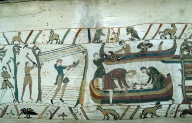 Anglia meghódítása Normandia hercege, Hódító Vilmos (1027-1087): a normann flotta építése Bayeux gobelinjének részlete vagy Mathilde királynő hímzése