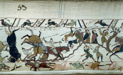 Anglia meghódítása Normandia hercege, Hódító Vilmos (1027-1087) által 1066-ban: A hastingsi csata Bayeux-i kárpit vagy Mathilde királynő hímzéseinek részlete