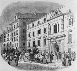 Konzervatórium a párizsi rue du Faubourg Poissonniere-ben: koncertbelépő. Metszet 1860-ból