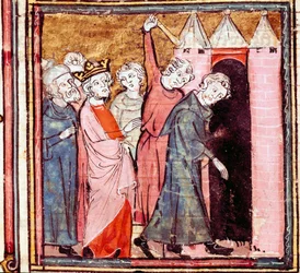 Összeesküvés Jámbor Lajos (778-840) nyugati császár ellen, fia, Lothaire nyilvános bűnbánatot rótt ki rá a Saint Medard de Soissons kolostorban 833-ban Miniatűr a „Grandes Chronicles de France” 1375-1379 Városi Könyvtárból , Cas