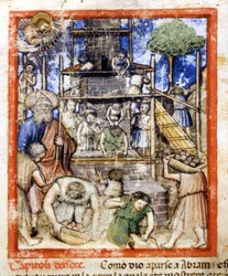 Bábel tornyának építése. Miniatűrök a 212-es kódexből (vagy Padovano kódexből vagy Páduai Bibliából) 1390-1400 Rovigo, Accademia dei Concordi