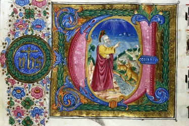 A teremtés: Isten a Föld teremtményei előtt. 15. századi kézirat. Biblioteca Nazionale Braidense, Milánó.