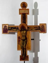 Keresztre feszítés „INRI”” a kereszten. Névtelen fafestés. 15. századi Savona, Pinacoteca Civica