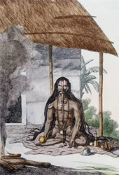 Kultúra, civilizáció és indiai társadalom: Fakír (Faquir) portréja ima közben, India. Metszet 1808.
