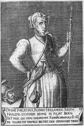 Kenau Simonsdochter Hasselaer asszony (1526-1588), Haarlem (Hollandia) hősnője a spanyolok elleni 1572-es küzdelemben. 17. századi ábrázolás, amely Judit és Holofernész történetéhez hasonlítja.