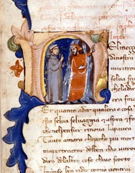 Dante és Vergilius a pokol bejáratánál. (" N "" betűjel) A 14. századi milánói Divina Commedia (Isteni színjáték) Incipit of a Hell of a Divina Commedia, trivulzi könyvtár. (Életünk utazásának közepén...)