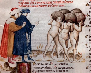 Dante és Vergilius grófra és Umberto Aldobrandeschi Oderisi da Gubbióra néz (11. ének a Purgatóriumból, az Isteni színjátékban) - miniatűr XV.