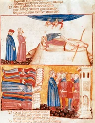 Dante és Vergilius találkozik erőszakosan halottak lelkével. Megvilágított oldal, amely Dante Alighieri (1265-1321) „Divina Commedia” című énekét illusztrálja az Antipurgatóriumról. 14. század, Velence, Biblioteca Marciana