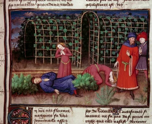 Halál Két embert ölt meg a halál. Miniatűr Jean Boccace (Giovanni Boccaccio) (1313-1375) „Le Decameron” című filmjéből 1450 Párizs, az Arzenál könyvtára