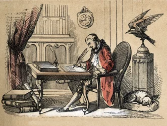 Különböző termékek és papírfelhasználások leírása: Georges Louis Leclerc, Buffon grófjának, természettudósnak és írónak (1707-1788) portréja, aki természetrajzát írja. "" Le papier et ses produits"" tányér in "" les Recreations instructives"" Synoptique pa