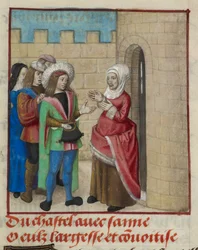 A kastélyba belépő Convoitise (Sóvárság) és Largesse (Nagylelkűség) miniatűr részlete a „Le Roman de la Rose”-ból