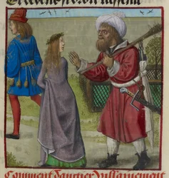 Részlet a Veszély miniatúrájáról, amely kiűzi a szeretőt és Bel Accueilt (tisztességes üdvözlet) a kertből, a „Le Roman de la Rose”-ból