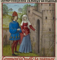 Részlet a szerető és la Vieille (a Duenna) miniatúrájáról, a „Le Roman de la Rose”-ból