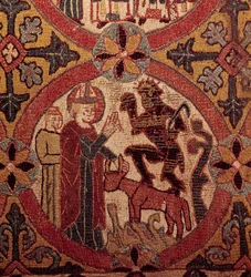 Szent Márton megkísértését ábrázoló hímzés részlete. Izlandi falikárpit. 1390-1403. Párizs, Nemzeti Középkori Múzeum, Thermes de Cluny