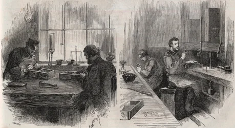 Gyémántvágás egy hollandiai műhelyben: hasítók és polírozók - Gravírozás „” Le Monde Illustré””