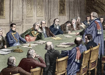 A Polgári Törvénykönyv megvitatása az Államtanácsban (1800-1804), az első konzul, Bonaparte Napóleon elnöklete alatt baloldali Jean Jacques Regis de Cambaceres. századi metszet.