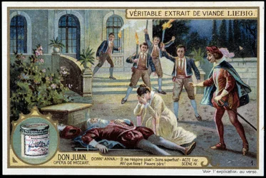 Donna Anna felfedezi halott apját – „” Már nem lélegzik! Felesleges törődés! Mit kell tenni? Szegény apa! - I. felvonás, Don Juan (Don Giovanni) 4. jelenete, Mozart opera (1756-1791) - Liebig-kromolitográfia
