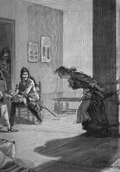 Dragonnades (1685-1686) - protestáns család kínzása: király katonái, sárkányok, csecsemőt tartanak, miközben anyja rúdra van rögzítve. századi metszet. Jules Michelet „Histoire de France” című művében