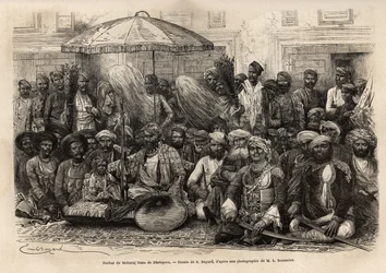 Durbar (egy hercegi állam feodális és jogi tanácsa) Maharaja Rana-ból, Dholepore királyságából (Rajasthan). Engravure pour illustrrer l