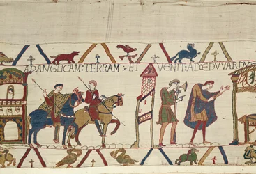 Earl Harold Boshamból Londonba lovagol, Bayeux Tapestry (gyapjú hímzés vászonra)