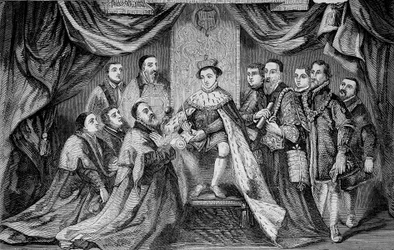 VI. Edward (1547-1553), Anglia királya, kiváltságot adott Bridewell alapokmányának aláírásával – Hans Holbein szerint.