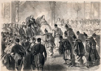 III. Napóleon császár és Eugenie de Montijo impresszió ünnepélyesen fogadta a japán nagyköveteket a párizsi Tuileriákban 1862. április 13-án. Metszet a „Le Monde illustrious”-ban 1862-ből. Magángyűjtemény.