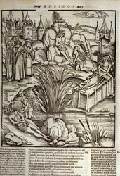 Eneide de Virgil (Kr. e. 70-i. e. 19), XII. könyv, a trójai hőssel Enee-vel csodálatos módon bánik Vénusz, majd úgy döntött, megrohamozza Latinus városát. Lazio királya meghal (jobbra), és Enee lesz az a király, aki a néhai Lavini lányát velős