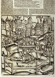Eneide de Virgil (Kr. e. 70–Kr. e. 19), XII. könyv, a trójai hős, Enee megöli a turnuszi csatában a latinok és rutulák szeme láttára. Sebastian Brant (1458-1521) xilográfiája. Strasbourg