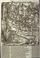Eneide de Virgil (Kr. e. 70-Kr. e. 19), XIII. könyv (supplementum), a trójai hős Enee fogadja a latinokat, áldozatokat hoznak a háború áldozatainak tiszteletére. Sebastian Brant (1458-1521) xilográfiája. Strasbourg