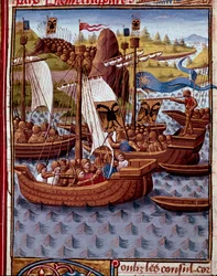 Ellenségek érkeznek Rómába, hogy békét kérjenek a rómaiaktól. Miniatűr a „” római történelemből”” (Ad urbe condita), Titus Live (Kr. e. 59-17) (Titus Livius), fordította Pierre Bressuire (310. sz.) 1450- 1500 - Chantilly, musee Conde - Az ellenségek Rómába