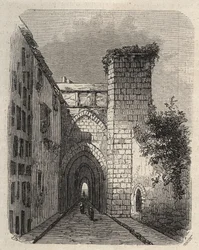 A jeruzsálemi Arab Medrese (Felsőiskola) bejárata, ahol a templom Mesha sztéléjét temették el – 1873. januári „The Illustrious World” metszet