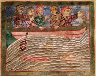 Poitiers-i Saint Radegonde (Radegundis) (519-587), I. Clotaire, a frankok királyának felesége életének epizódja: Radegonde ábrázolása egy hajón, amely Florio (?) vizeit menti meg. Miniatűr egy 11. századi kéziratból. Poitiers városi könyvtára.