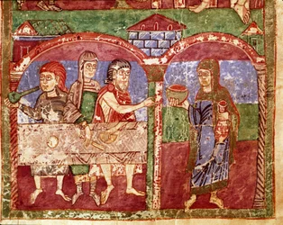 Sainte Radegonde (Radegundis) de Poitiers (519-587), I. Clotaire, a frankok királyának felesége életének epizódja: Radegonde jótékonysági munkái során a szegények asztalánál szolgál. Miniatűr egy 11. századi kéziratból. Poitiers városi könyvtára