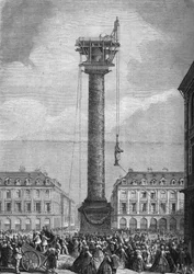 Az új szobor (I. Napóleont ábrázoló) felállítása a Place Vendome oszlopa fölött Párizs 1. kerületében november 4-én