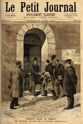 Eugene Turpin (1848-1927), vegyész, 1884-ben a melinit (robbanóanyag) feltalálója, akit igazságtalanul azzal vádolnak, hogy találmányát eladta az ellenségnek, ártatlan volt, és kiszabadult az etampesi börtönből. Metszet a „” Le petit Journal”-ban 1893.04.2