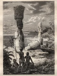 Jean Francois Galaup de La Perouse (1741-1788) világkörüli expedíciója (1785-1788): a Húsvét-sziget őslakosai monumentális szobrokat nézegetnek (Moai) – az illusztráció a „18. századi nagy tengerészek” c.