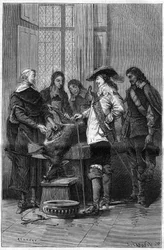 William Harvey (1578-1657) angol orvos tapasztalata I. Stuart Károlynak (1600-1649), angol királynak és a Londoni Királyi Főiskola orvosainak bemutatja az élő őzike vérkeringésének jelenségét. Metszet a "" La Nature"-be