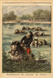 A 7. sárkányezred folyó átjárásának tapasztalata Fontainebleau-ban. Metszet a „” Le petit Journal”-ban 1896.06.09. Selva gyűjteménye.