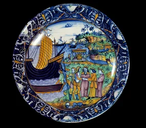 Arius királytól kapott fajansztál, amely Enee Delosba érkezését jelképezi. 1497 Sevres, Nemzeti Reneszánsz Múzeum