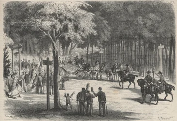 Családi üdülés Fontainebleau-ban: fenségeik kirándulása Franchart romjaihoz. Esküvő köszönti III. Napóleon császár (1808-1873) és családja elvonulását. Metszet a „The Universe illustrious”-ba