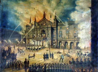 A bécsi Opera Wiener Ringtheater tüze 1881-ben. 19. századi rajz