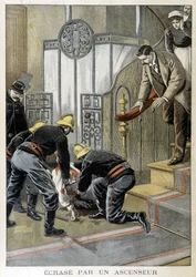 Egy embert mentő tűzoltók lezuhantak egy lifthez egy párizsi épületben. Az 1899-es „Kis Napló” illusztrációja.