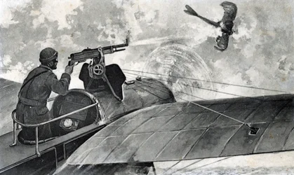 Első világháború: "the French aviator Jules Vedrines (1881-1919) on the board of his bleriot takes down a German aircraft Taube, 2/09/1914" (Első világháború: Jules Vedrines francia pilóta Bleriot repülőgépén géppuskájával leterít egy Taube-ot, 1914. szept