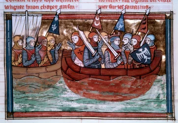 Első keresztes hadjárat: Godefroi de Bouillon (1060-1100) és a Szentföld felé hajózó átkelőhelyek. Miniatűr a „” Roman De Godefroy De Bouillon et de Saladin” című filmből”