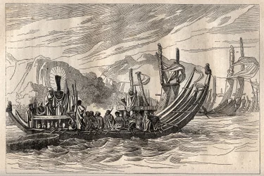 James Cook kapitány (1728-1779) első útja (1768-1771): a tahiti flotta Oparee-ban gyűlt össze – az illusztráció a „18. század nagy tengerészei” című könyvből vett.