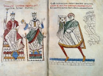 Flavius Josephe (eredetileg Yossef ben Matityahu, görögül beszélő zsidó történész (37-100), aki könyvét Titusz és Vespasianus császárnak ajánlja fel. Miniatűr a „” De Bello Judaico (Zsidók háborúja)”-ból „” (2. és 3. fólió)