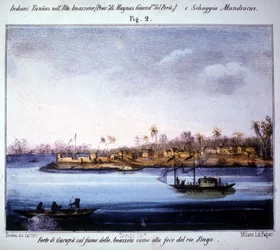 Gurupà erődje az Amazonas folyón, Rio Xingu torkolatának közelében Ecuadorban. Metszet 1846-1848.